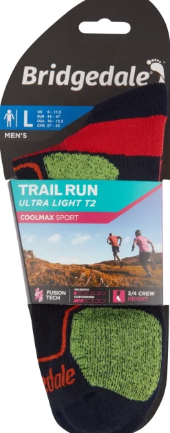 Socks|Socks-Bridgedale Mens Trail Run Ultralight T2 Coolmax Sport 3/4 Crew Sock - Navy