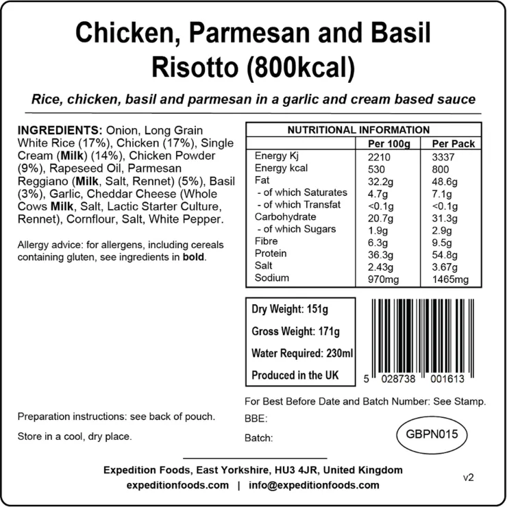 Lunch/ Dinner-Expedition Foods Chicken Parmesan and Basil Risotto - 800kcal