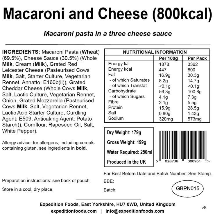 Lunch/ Dinner-Expedition Foods Macaroni and Cheese - 800kcal