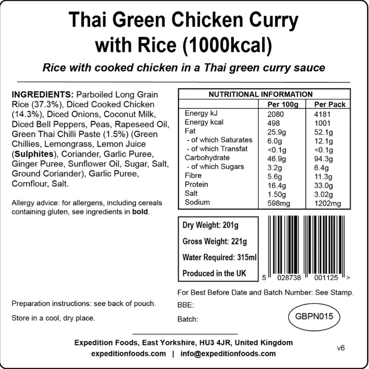 Lunch/ Dinner-Expedition Foods Thai Green Chicken Curry with Rice - 1000kcal