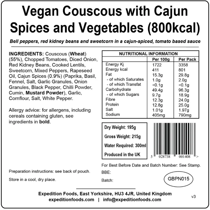 Lunch/ Dinner-Expedition Foods Vegan Couscous with Cajun Spices and Veg - 800kcal