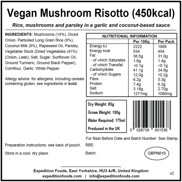 Lunch/ Dinner-Expedition Foods Vegan Mushroom Risotto - 450kcal