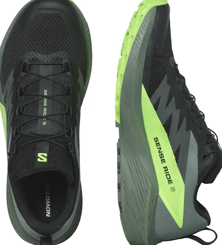 Hiking Shoes & Boots|Running Shoes-Salomon Mens Sense Ride 5 Shoes - Black-Laurel Wreath-Green Gecko