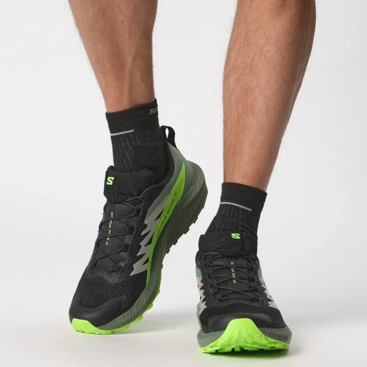 Hiking Shoes & Boots|Running Shoes-Salomon Mens Sense Ride 5 Shoes - Black-Laurel Wreath-Green Gecko