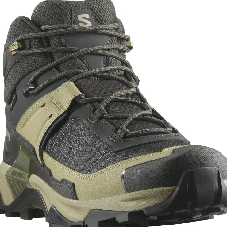 Hiking Shoes & Boots|Mid Height Boots-Salomon Mens X Ultra 5 Mid GTX Shoe - Peat-Gray Green-Blue Nights