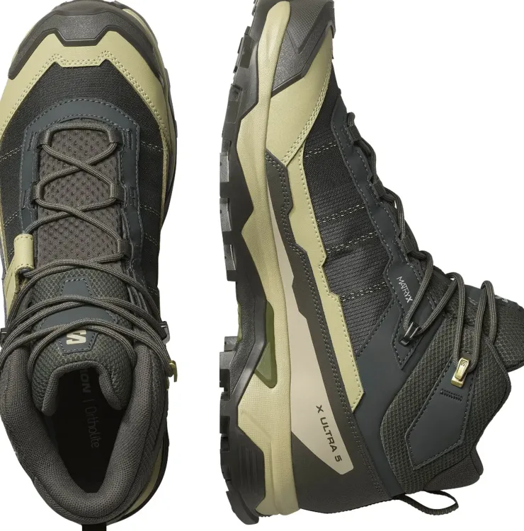 Hiking Shoes & Boots|Mid Height Boots-Salomon Mens X Ultra 5 Mid GTX Shoe - Peat-Gray Green-Blue Nights